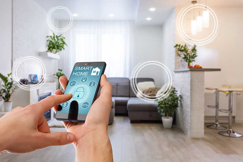 Smart home technology interface on smartphone app screen with augmented reality (AR) Smart home technology interface on smartphone app screen with augmented reality (AR)
