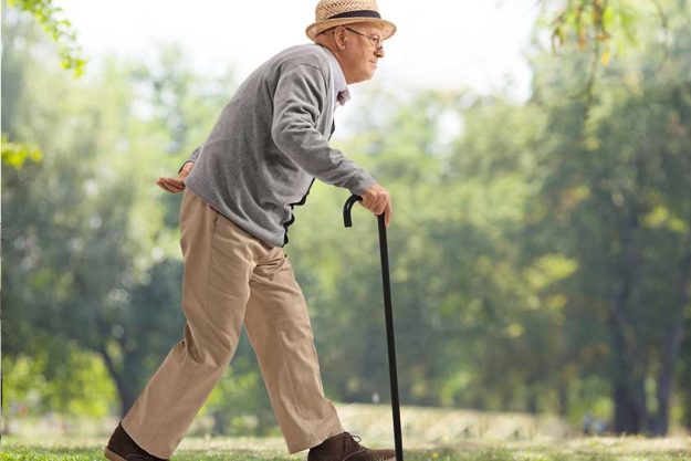 Senior man walking with a cane in a park Senior man walking with a cane in a park