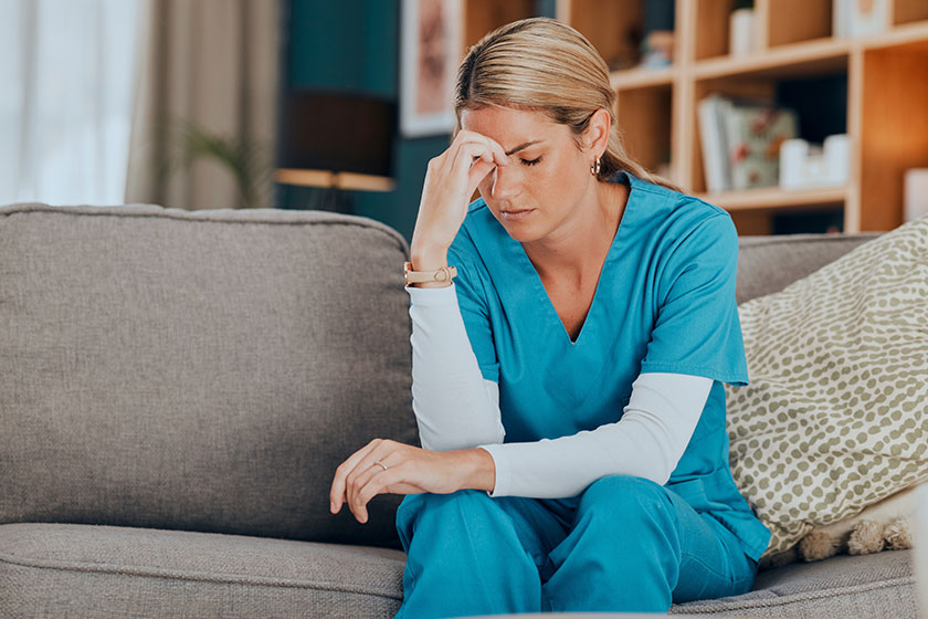 Worry, stress and burnout woman nurse