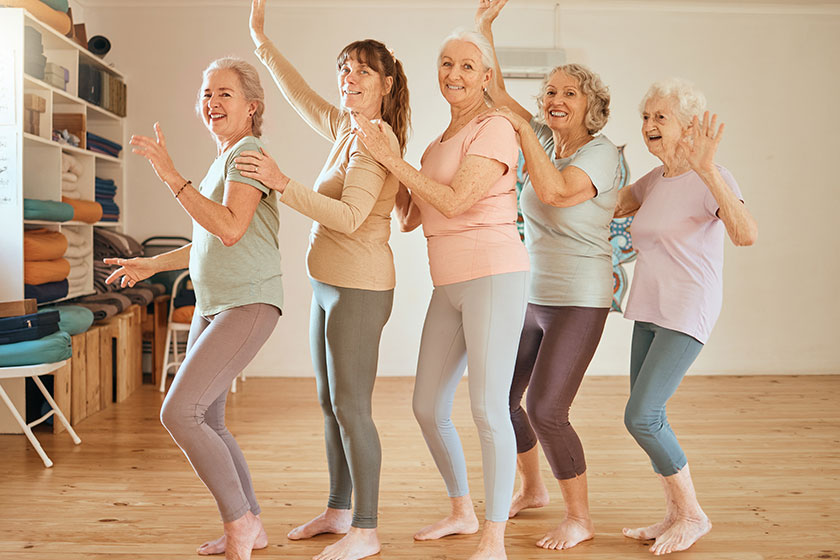 Elderly, yoga and portrait of friends row dance