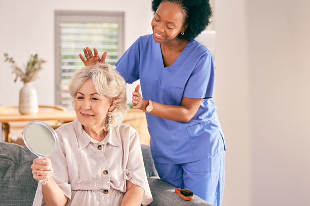 nurse-senior-woman-hair-care Nurse, senior woman and hair care by mirror